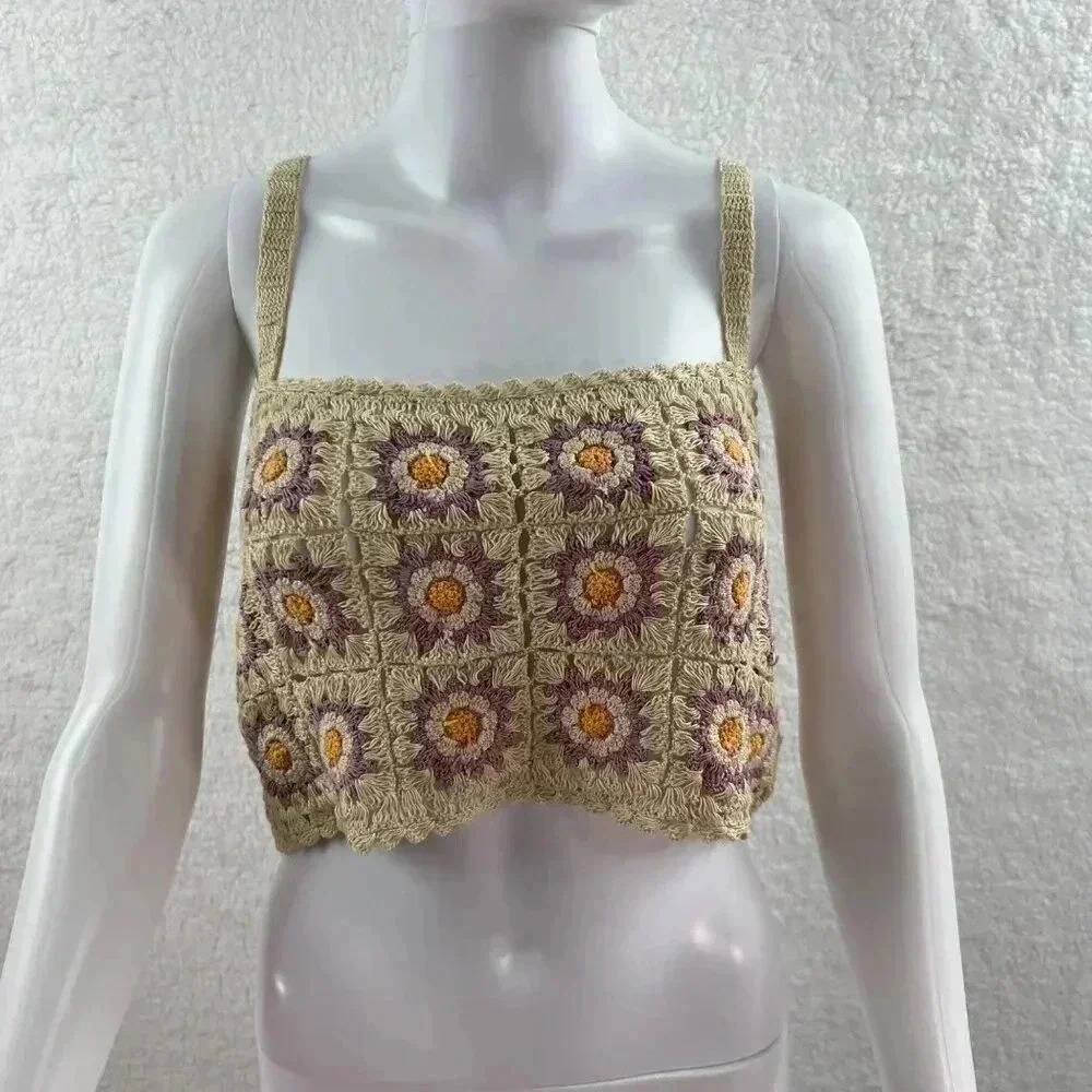 ZARA KNIT CROCHET ECRU CROP TOP BOHO HIPPIE COACHELLA FLORAL BEACH SZ M/LG NEW